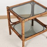 Bedside table or coffee table in bamboo and smoked glass, double top, 70s