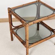 Bedside table or coffee table in bamboo and smoked glass, double top, 70s