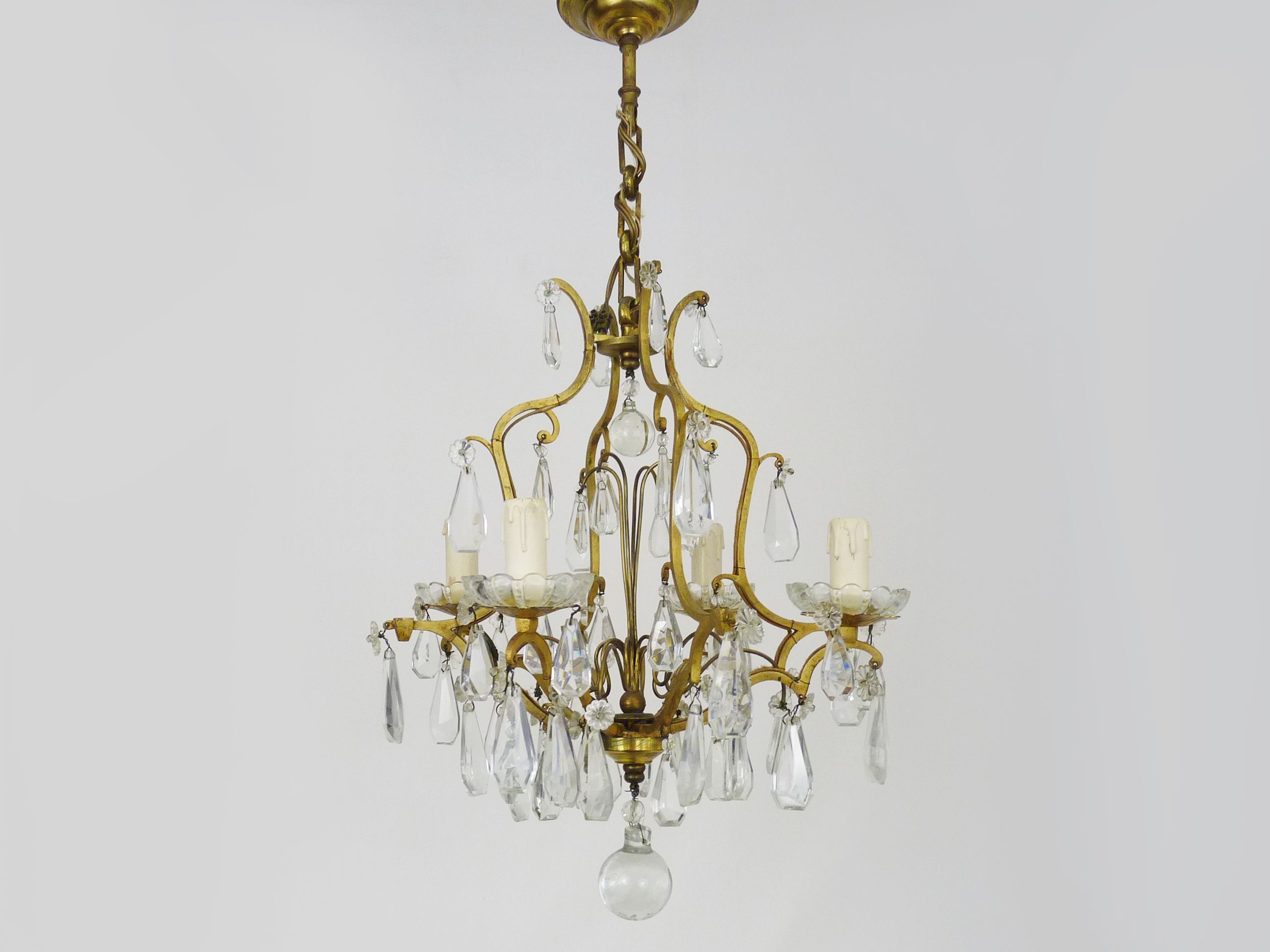 Bronze cage chandelier and glass tassels, with 4 lights. Chandelier tassels. 60s