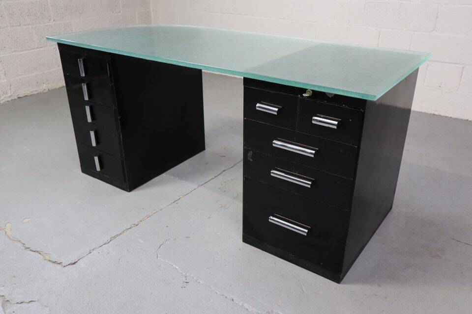 1930's modernist desk in black lacquered metal