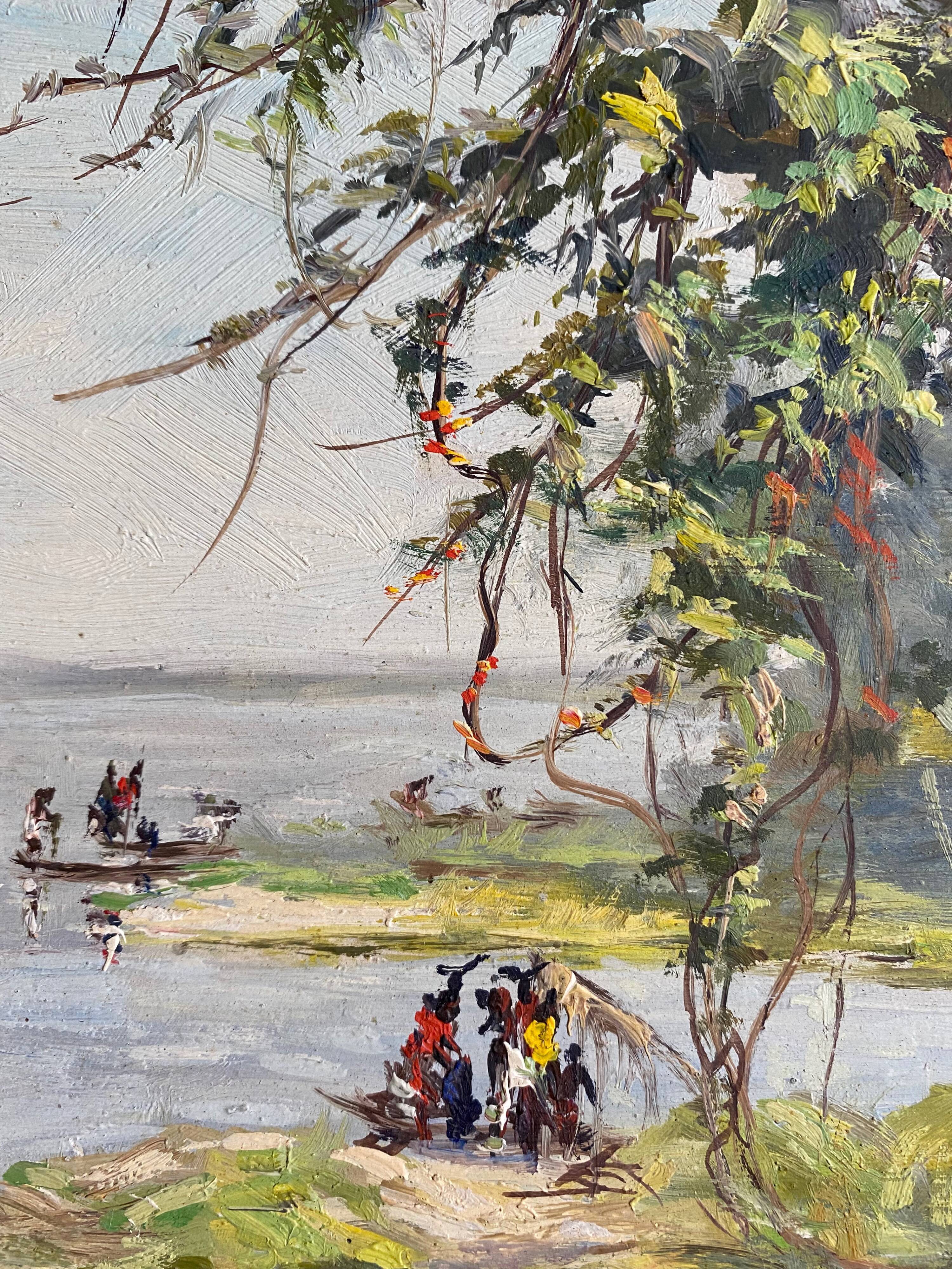 Table HSP 1957 "Fishing village" Congo signed Orientalist Africa