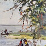 Table HSP 1957 "Fishing village" Congo signed Orientalist Africa