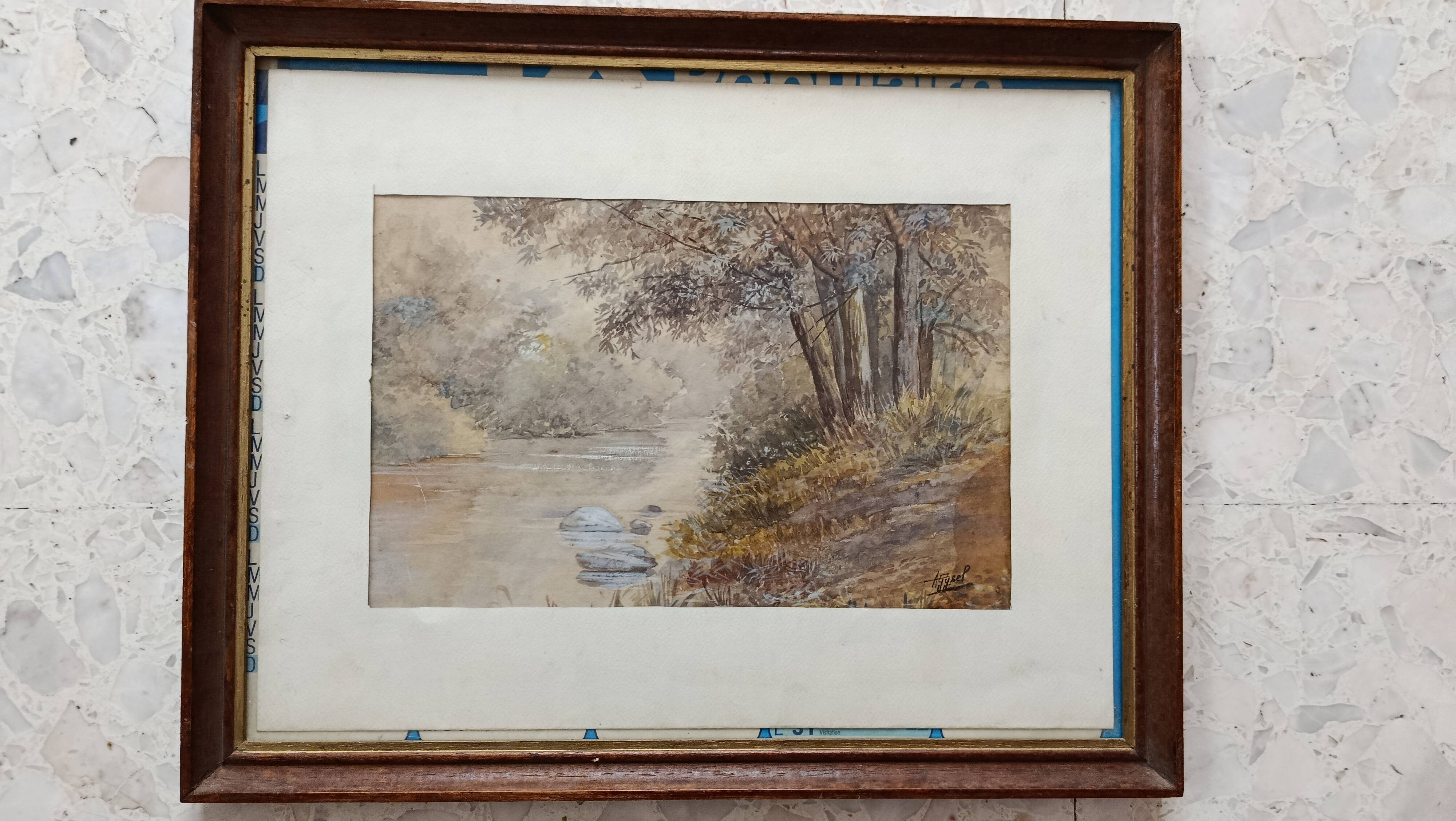 WATERCOLOR 1907 by Albert GYSEL River LA BOURRE towards MOTTE AU BOIS North