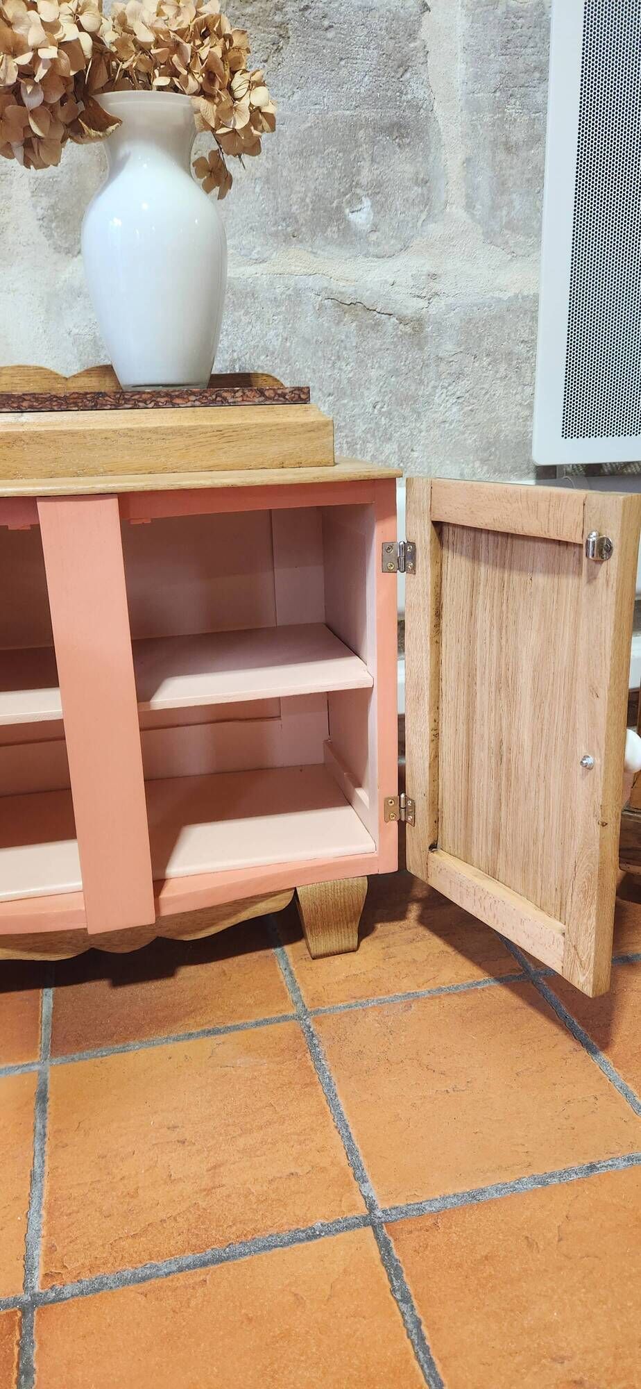 wood and marble bedside table revamped in terracotta