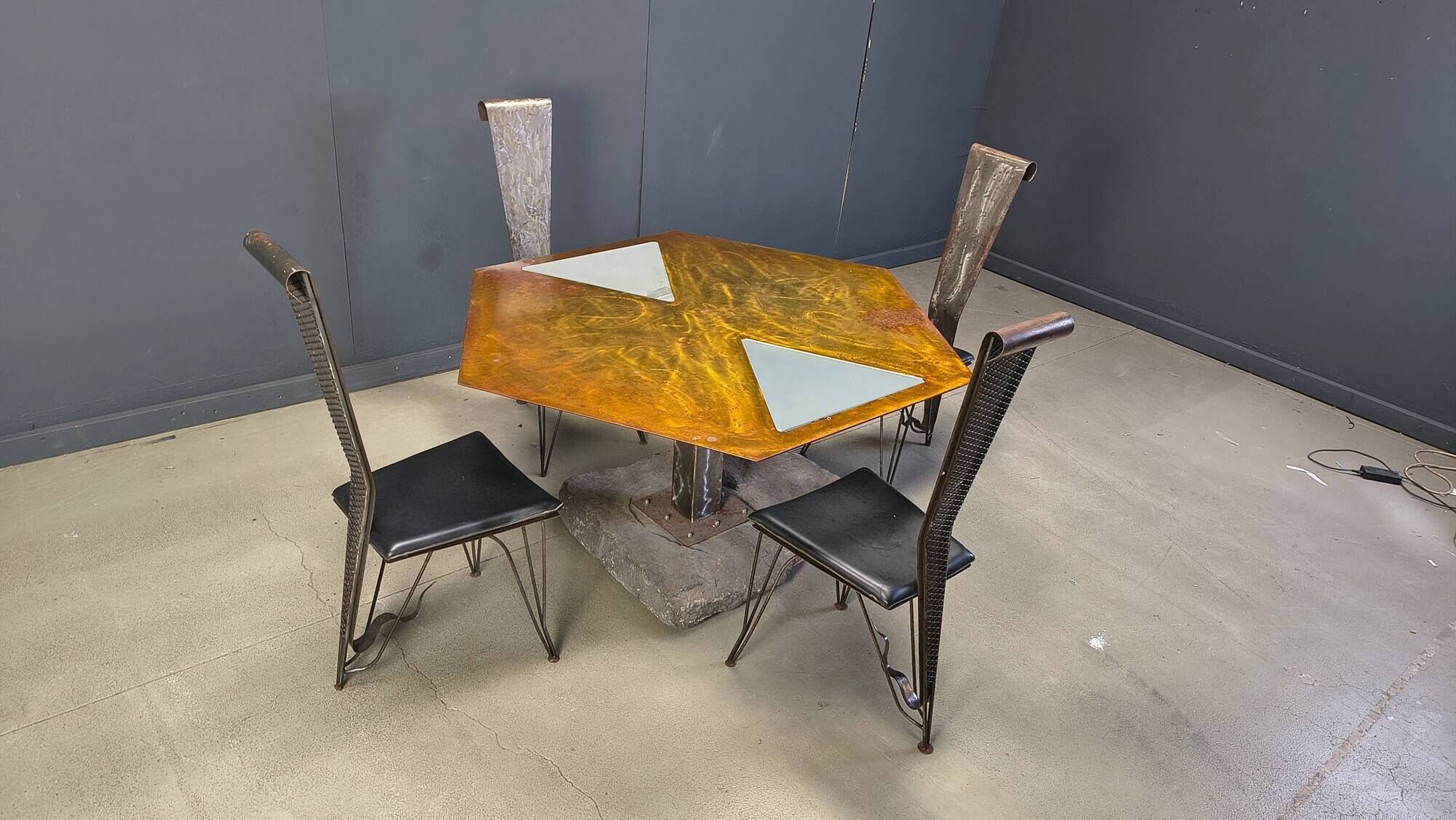 Hand crafted steel and stone dining set, 1970s