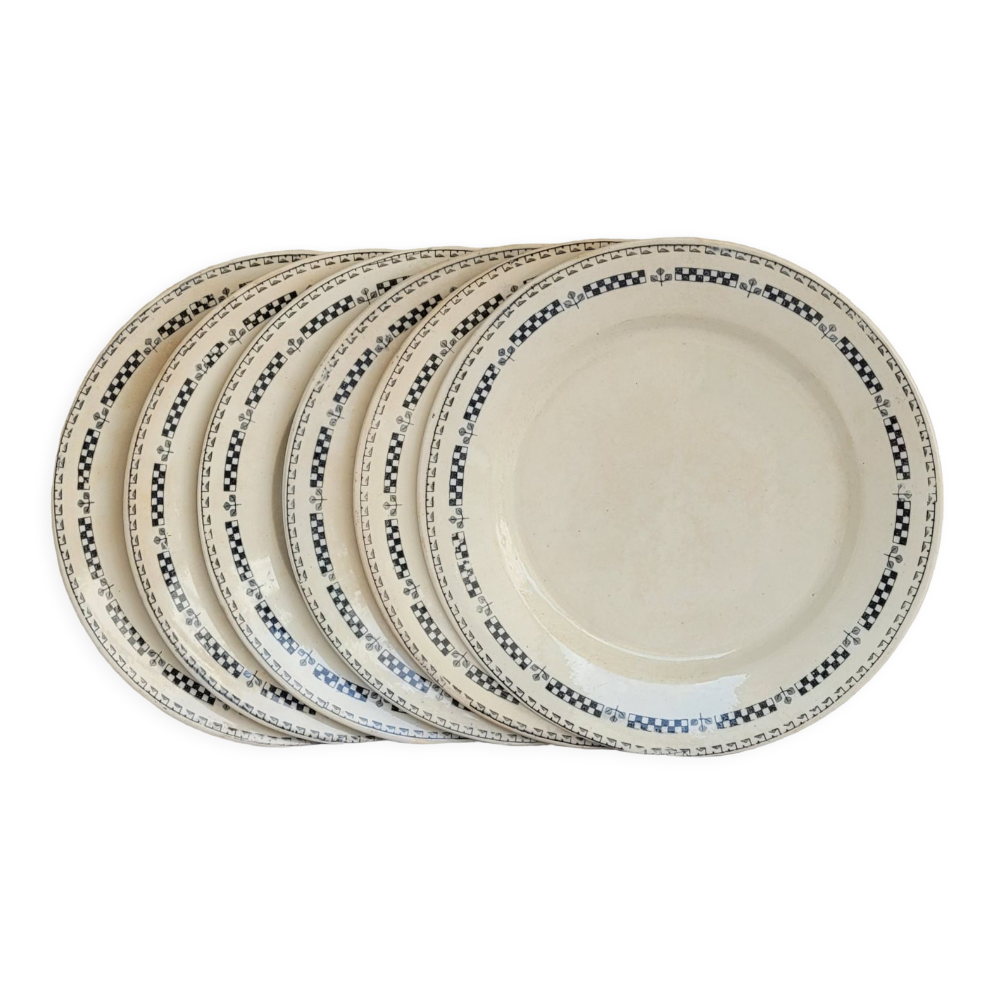 Set of 6 flat plates model Sofia Gien Terre de fer border flowery blue and fo d cream