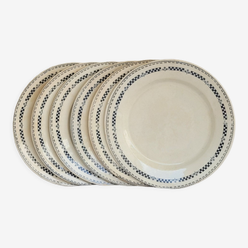 Lot de 6 assiettes plates modèle Sofia Gien Terre de fer liseret fleuri bleu et fo d crème