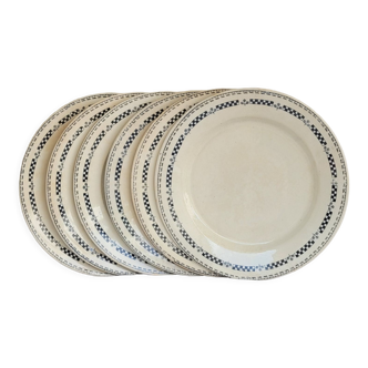 Set of 6 flat plates model Sofia Gien Terre de fer border flowery blue and fo d cream