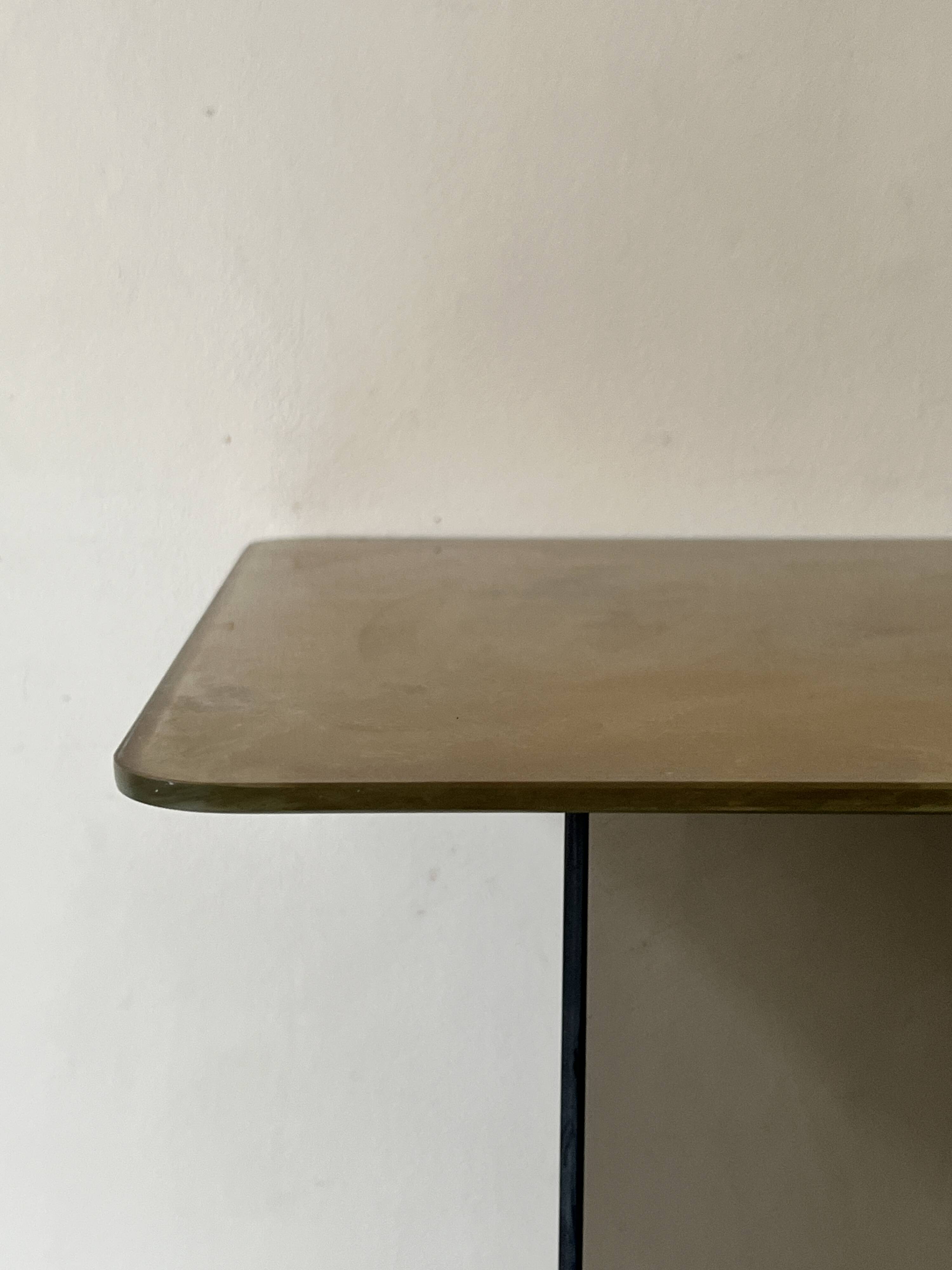 Vintage console in smoked glass and textured organic brown, 70s design.