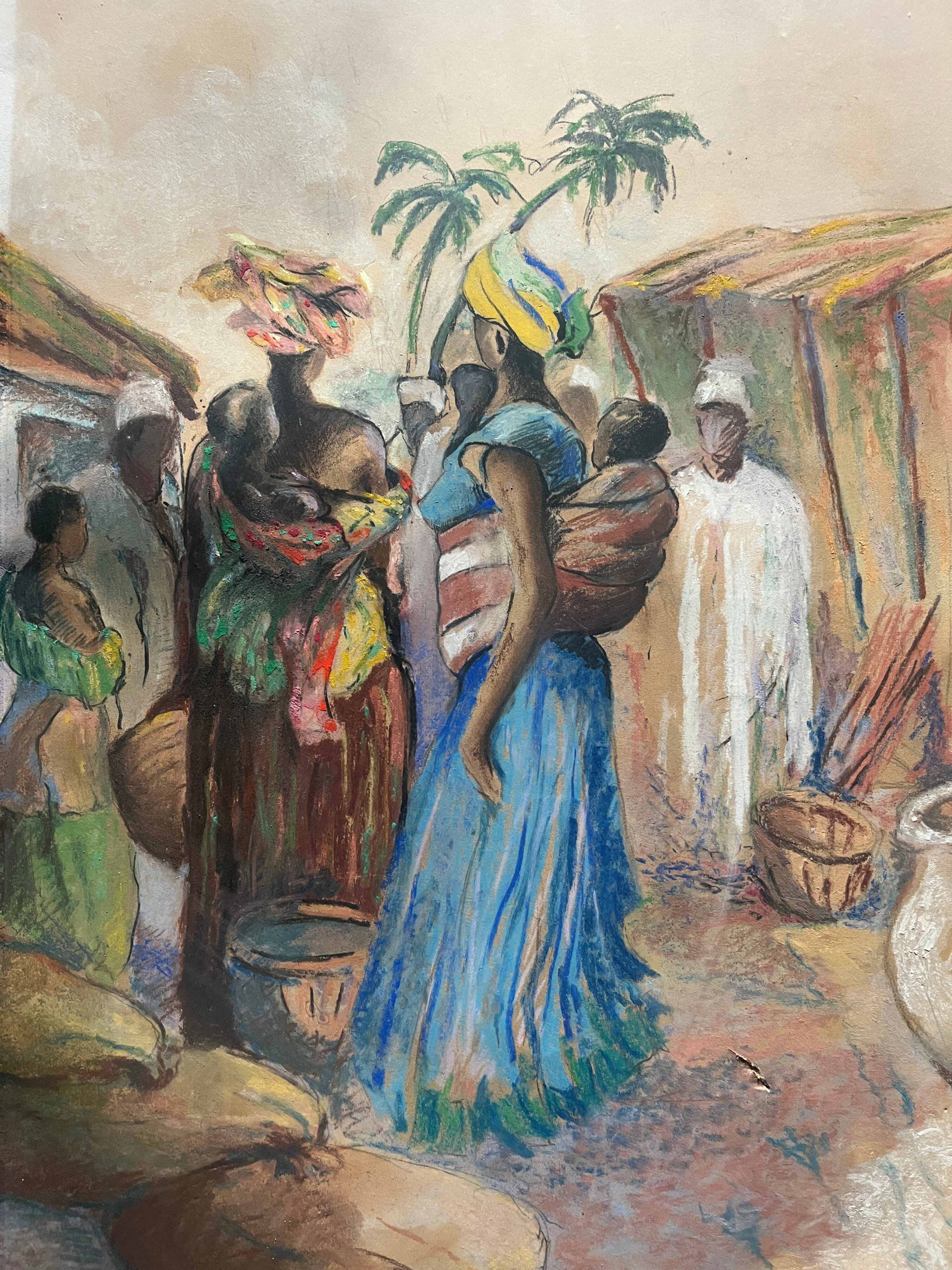 Orientalist Africanist painting "Market scene" Pastel mid 20th century