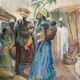 Orientalist Africanist painting "Market scene" Pastel mid 20th century