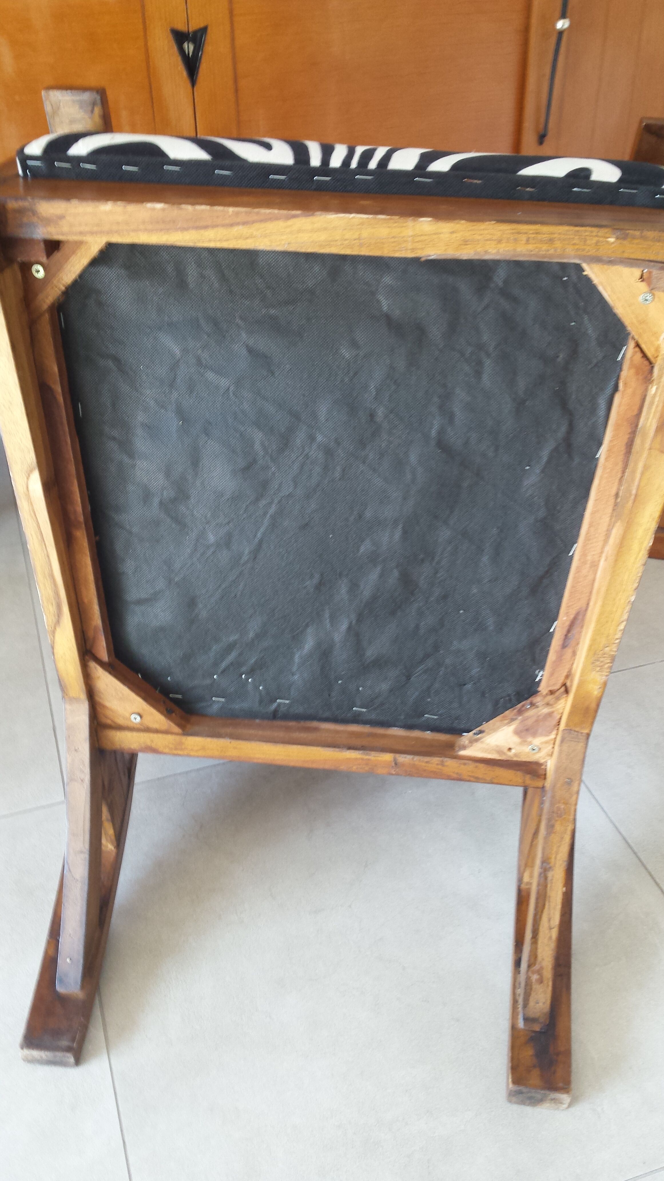 Scandinavian style wood armchair, black and white fabric