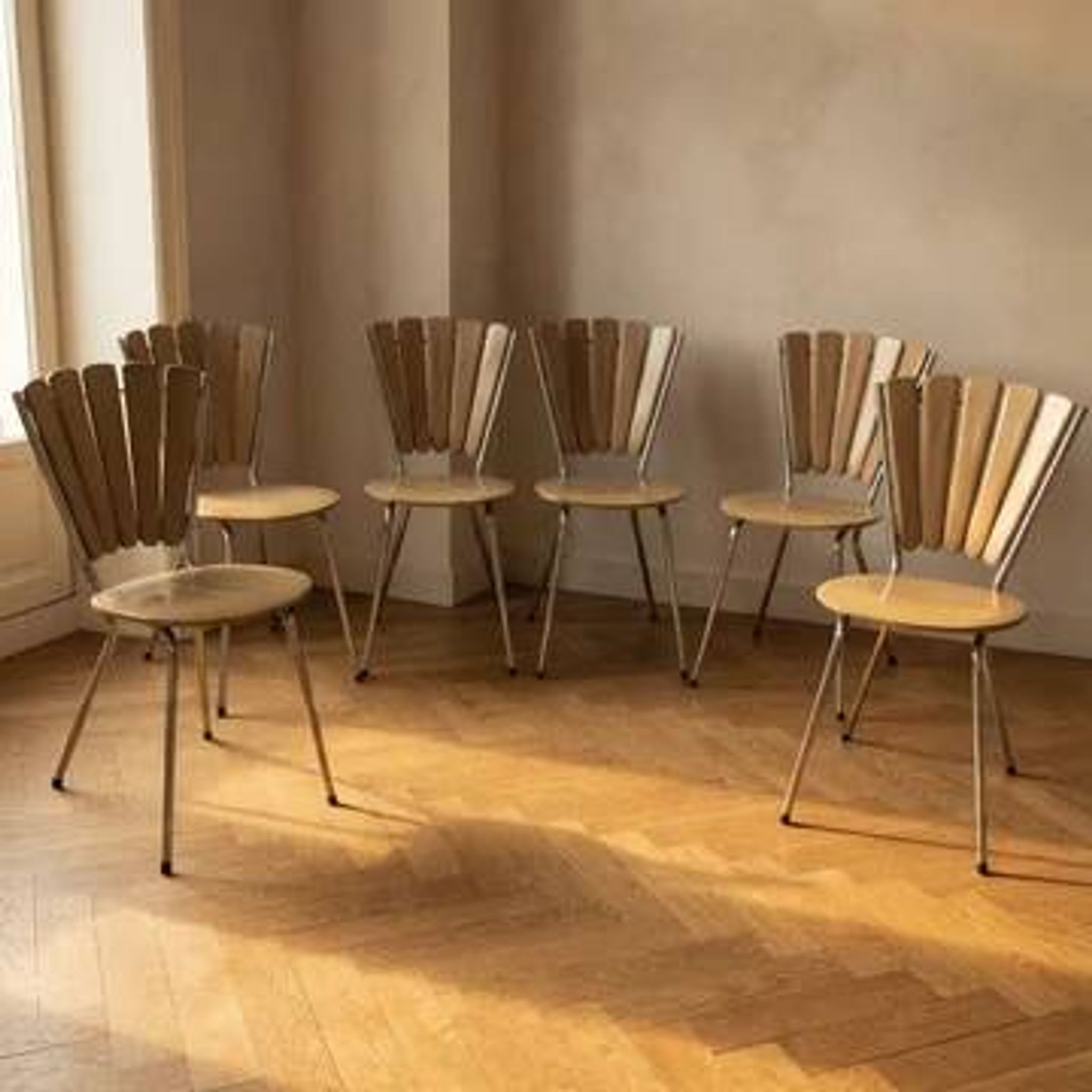Set of 6 vintage fan-back dining chairs with beige leatherette upholstery