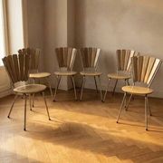 Set of 6 vintage fan-back dining chairs with beige leatherette upholstery