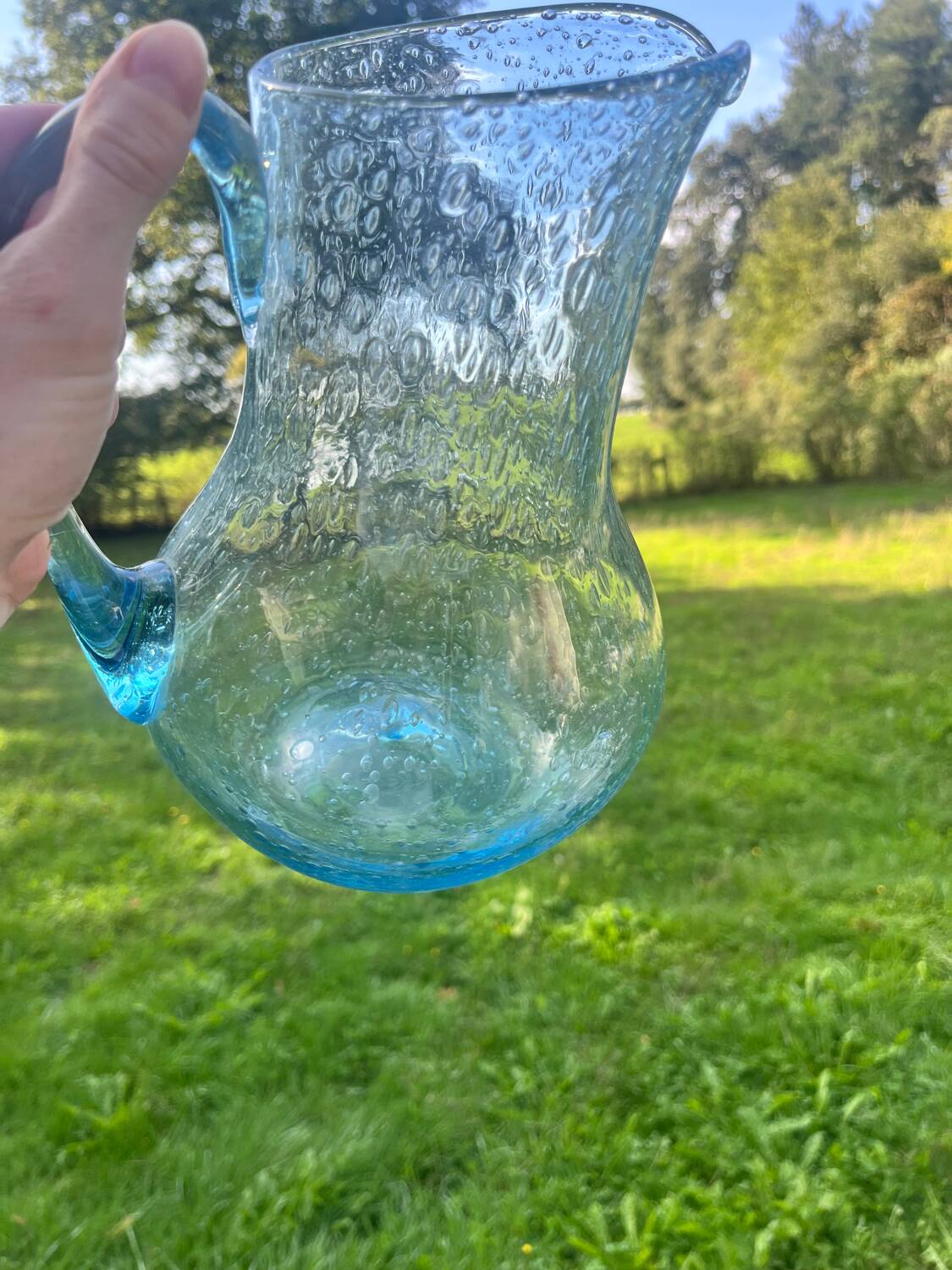 Blue bubble glass pitcher signed Biot – Provence