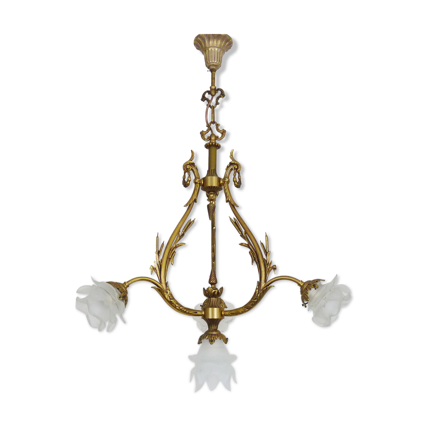 Bronze chandelier with 4-burner glass tulips, chandelier 70s