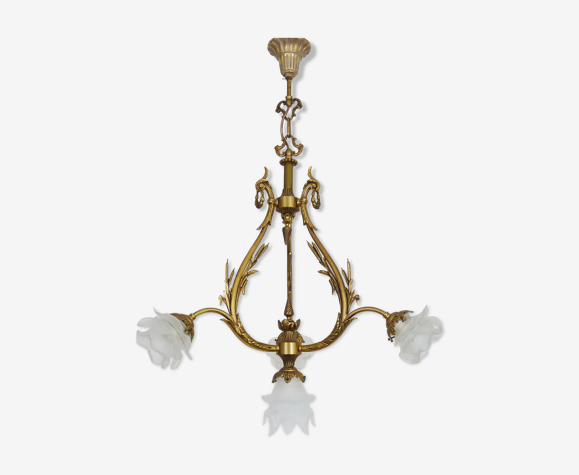 Lustre en bronze à tulipes en verre à 4 feux, lustre année 70