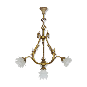 Bronze chandelier with 4-burner glass tulips, chandelier 70s
