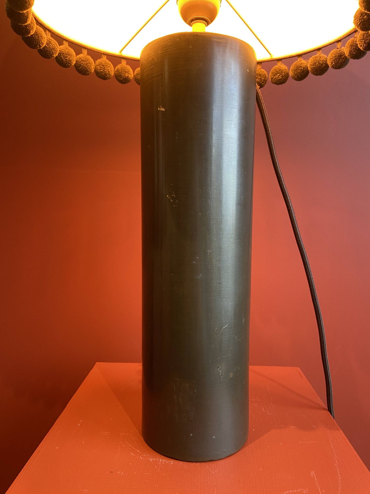Copper "bouillotte" lamp with Ashoka Silk shade, pom-poms of c