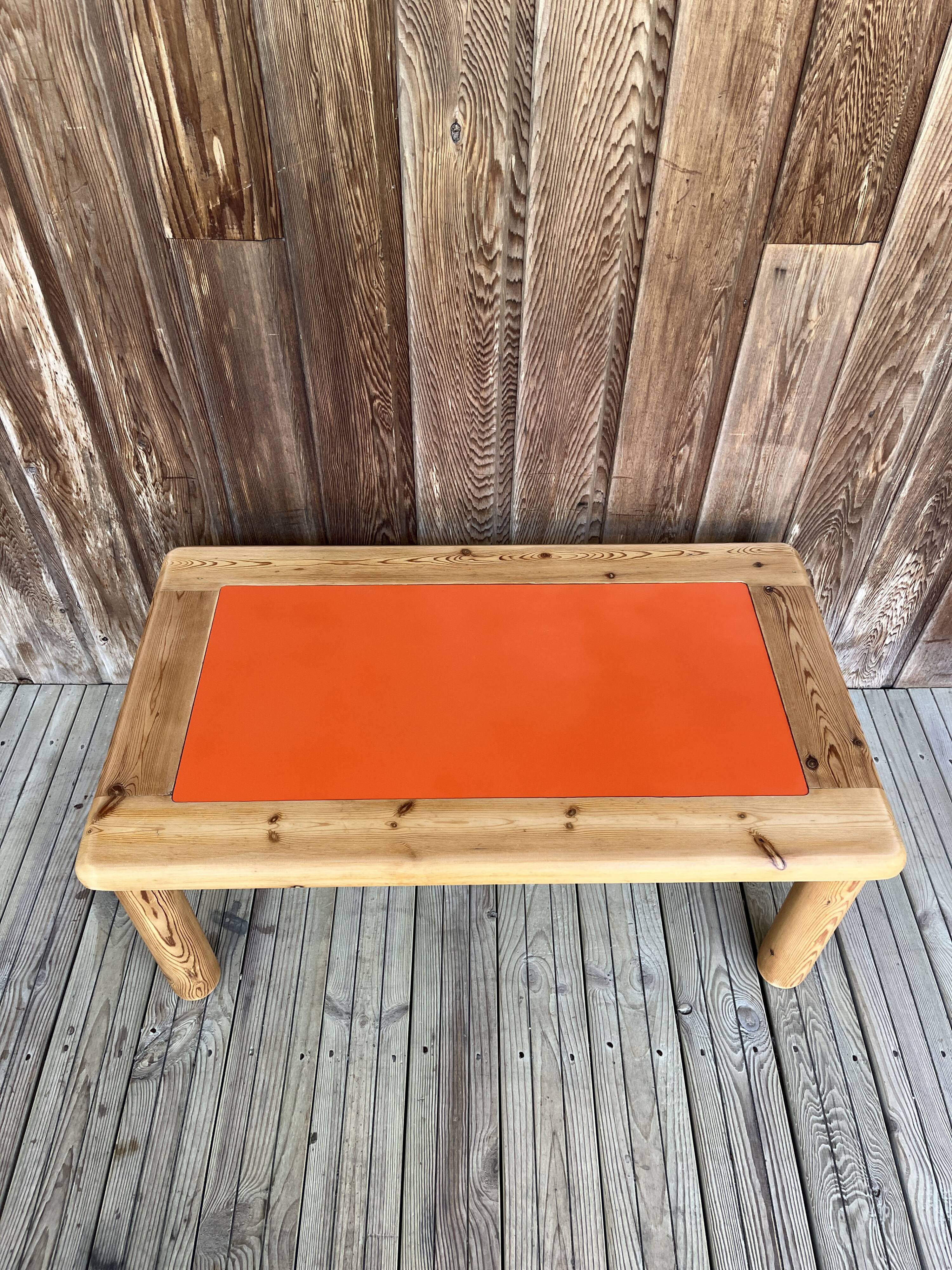 Modernist pine and orange lacquered coffee table, 1970s