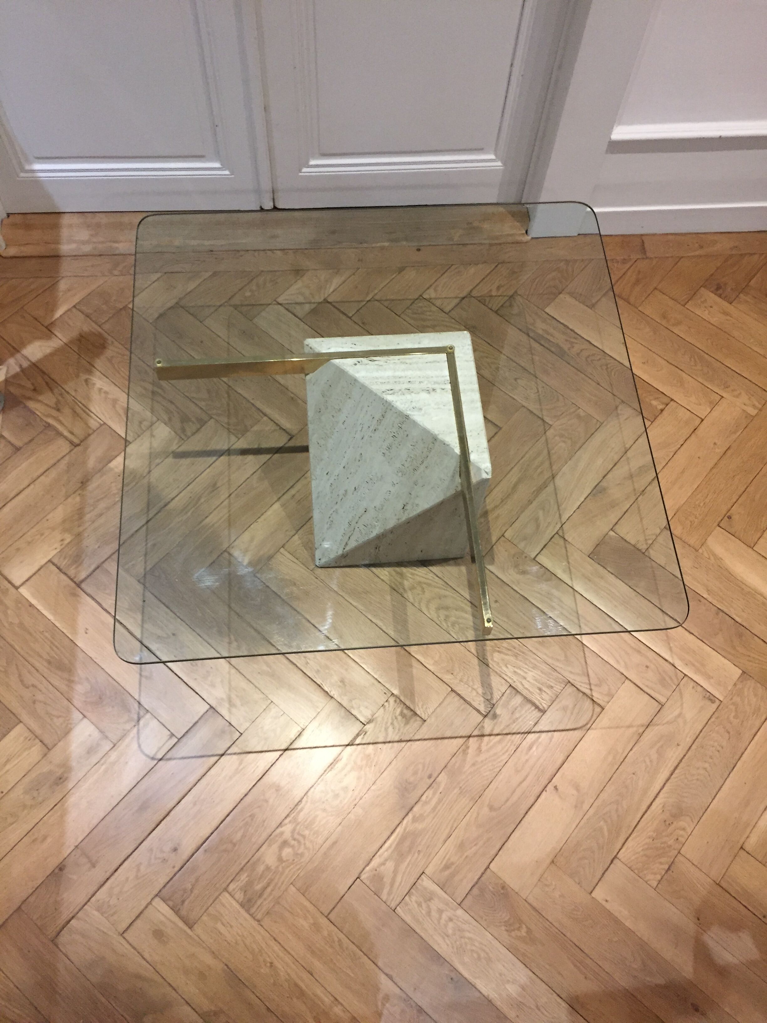 Artedi Italy coffee table in travertine, brass and glass 1970s