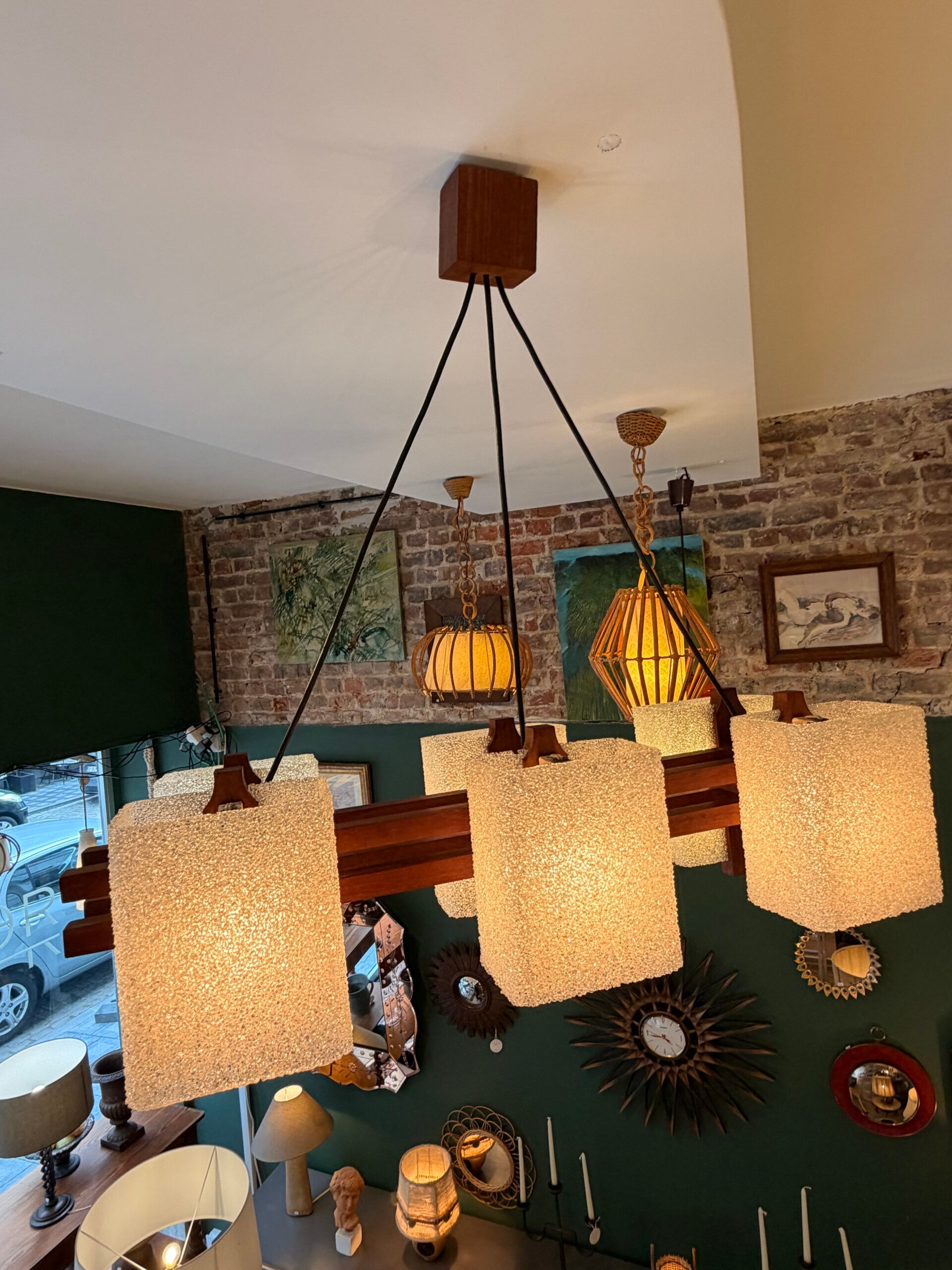 1960s Scandinavian suspension light in teak and perspex.