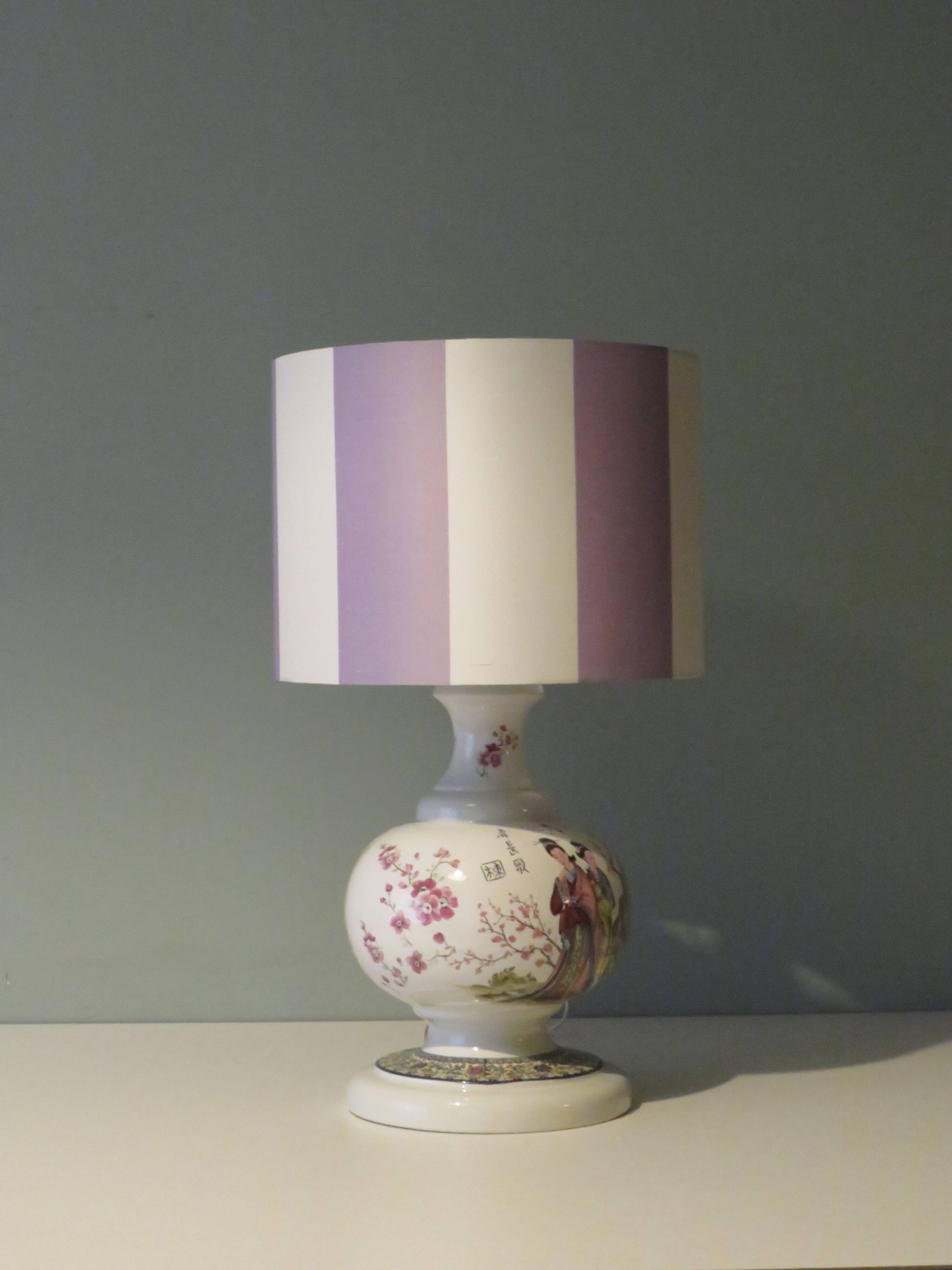 Large vintage ceramic table lamp with oriental images.