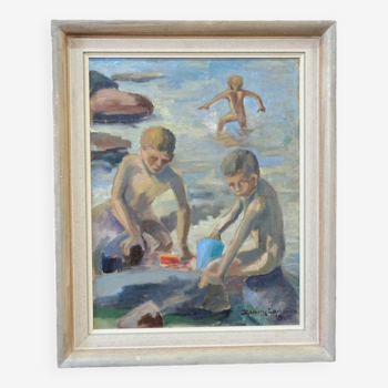 Henry Carlsson, Composition moderne suédoise, 1948, huile sur toile, encadré