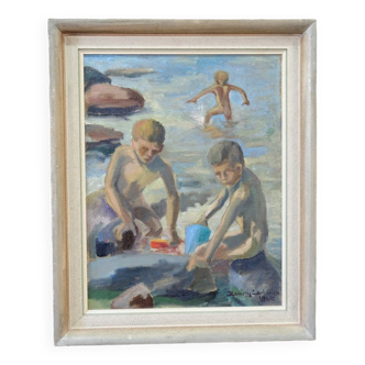Henry Carlsson, Composition moderne suédoise, 1948, huile sur toile, encadré