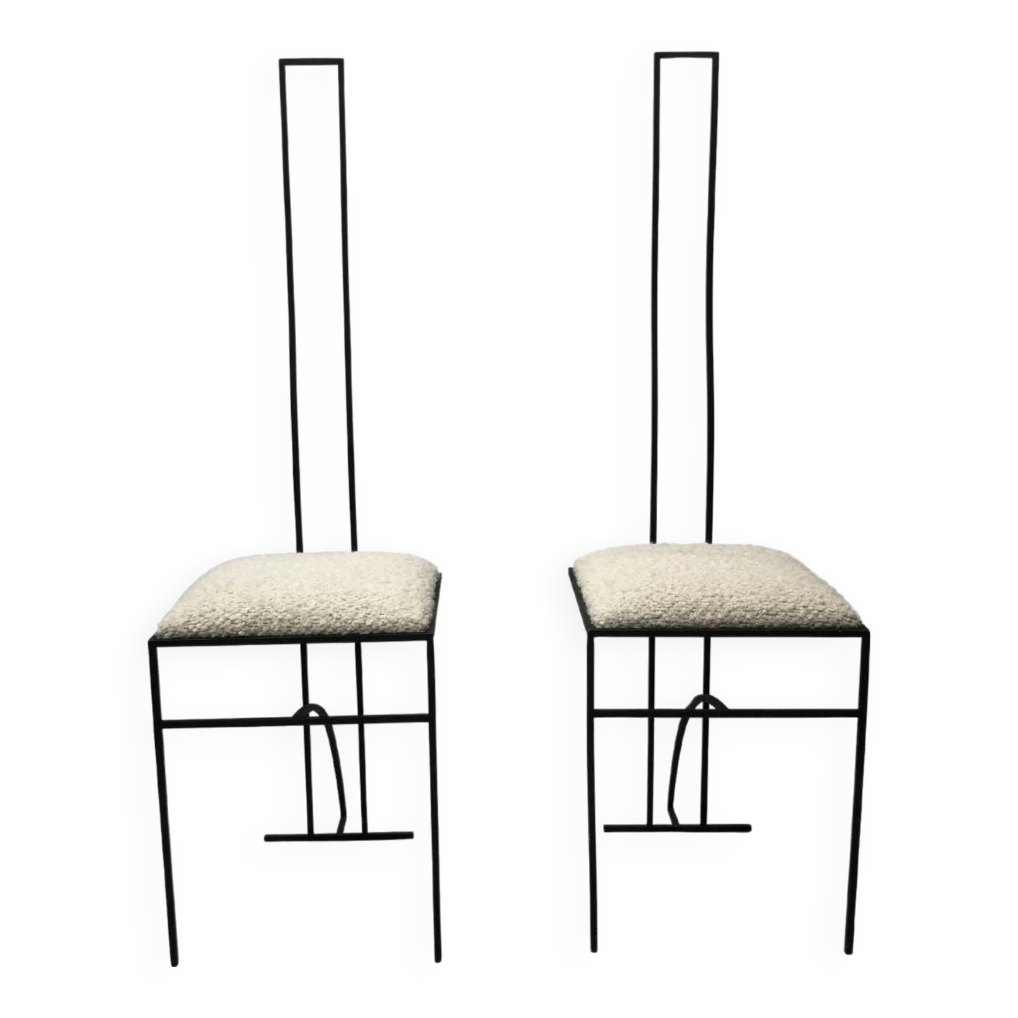 Pair of Postmodern High Back Black Metal Side Chairs in Boucle 1980s Vintage 70s