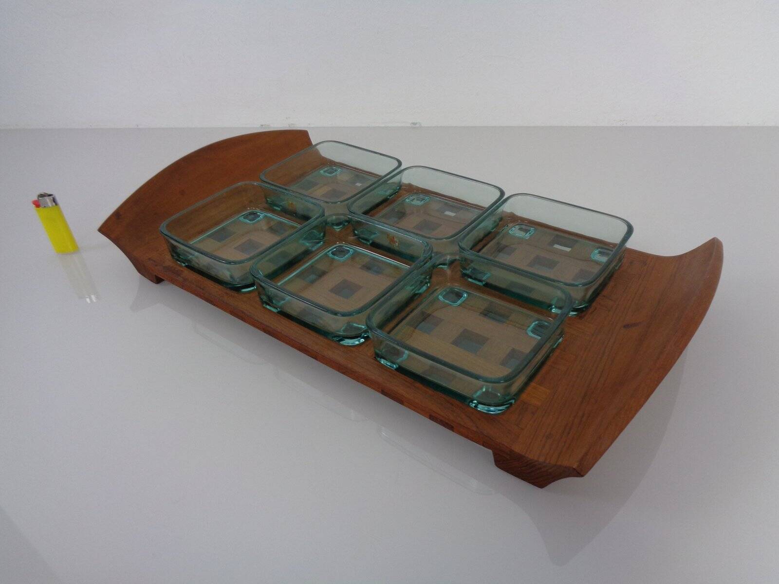 Teak tray with glass bowls by Jens Quistgaard for IHQ Dansk Designs, 1960s, set of 7.
