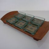 Teak tray with glass bowls by Jens Quistgaard for IHQ Dansk Designs, 1960s, set of 7.