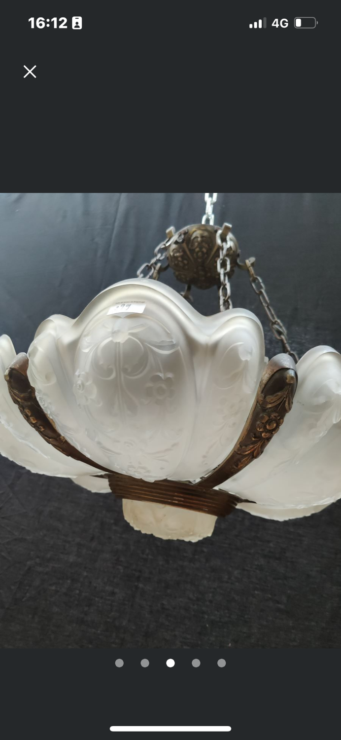 Art Deco chandelier 6 plates pressed glass bronze