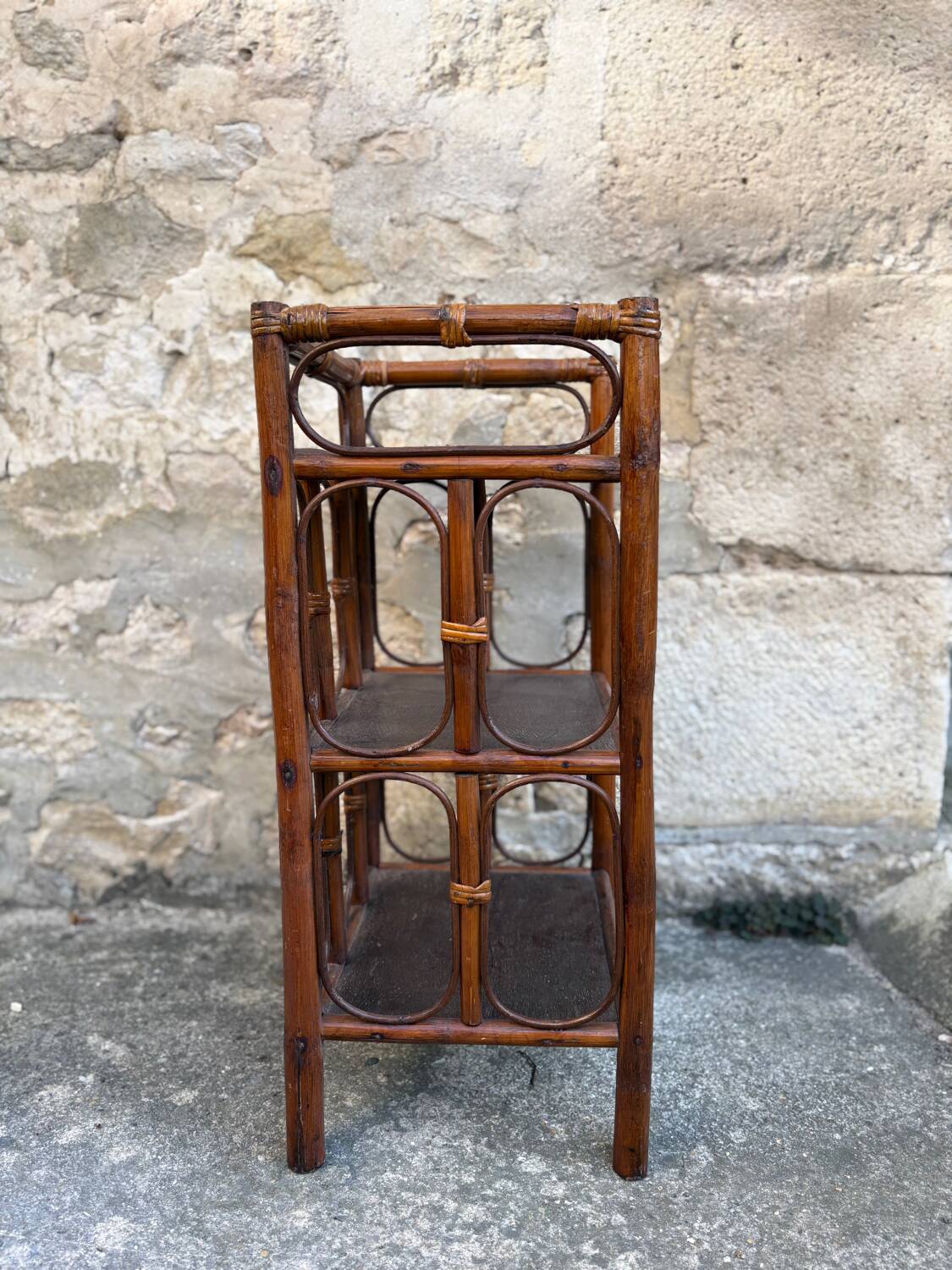 Dark brown bamboo shelf on legs