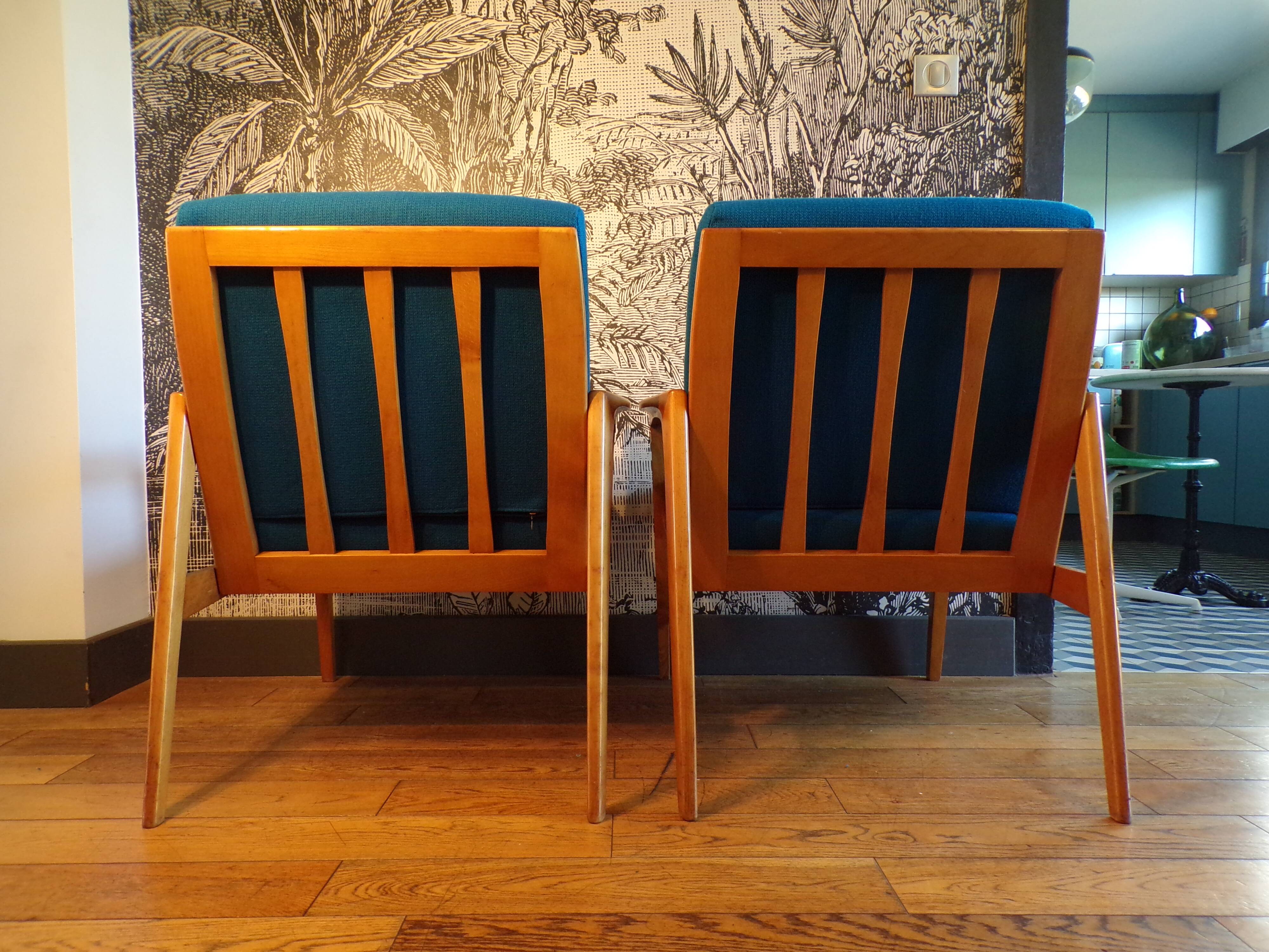 Pair of blue jersey Scandinavian armchairs