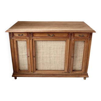 Buffet 3 portes vintage classique bois et raphia