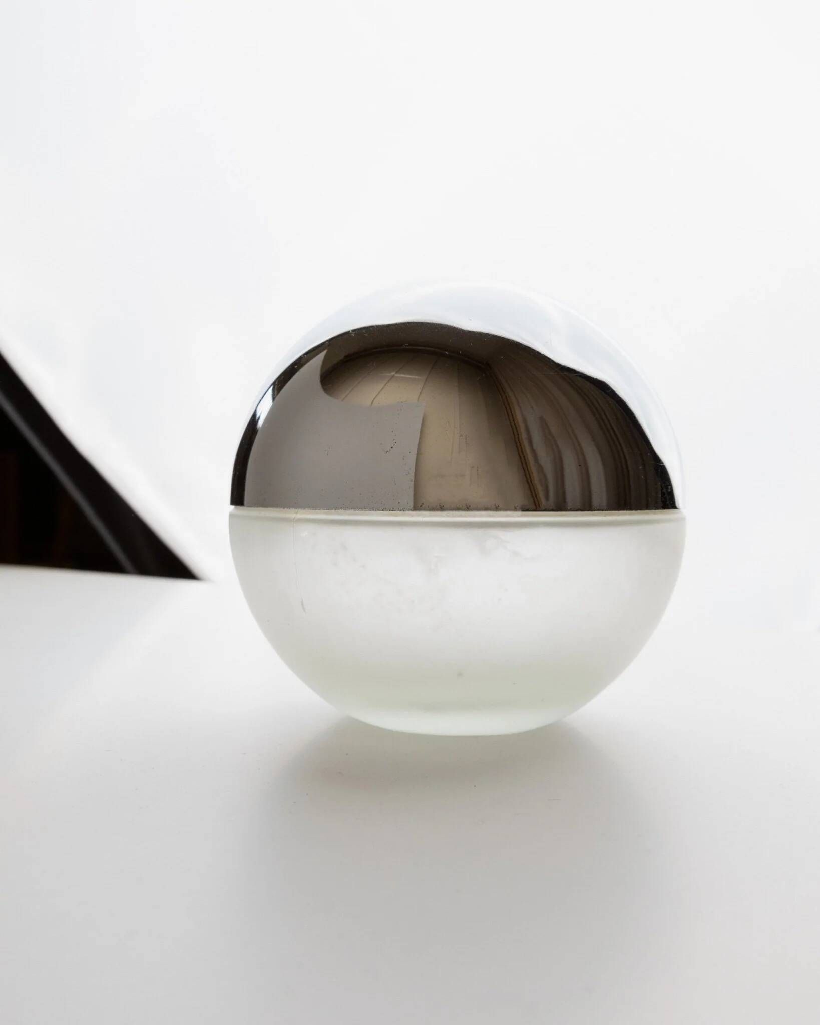 Silver chrome and frosted glass Space-Age liqueur bottle, 1980s Italy, decorative decanter