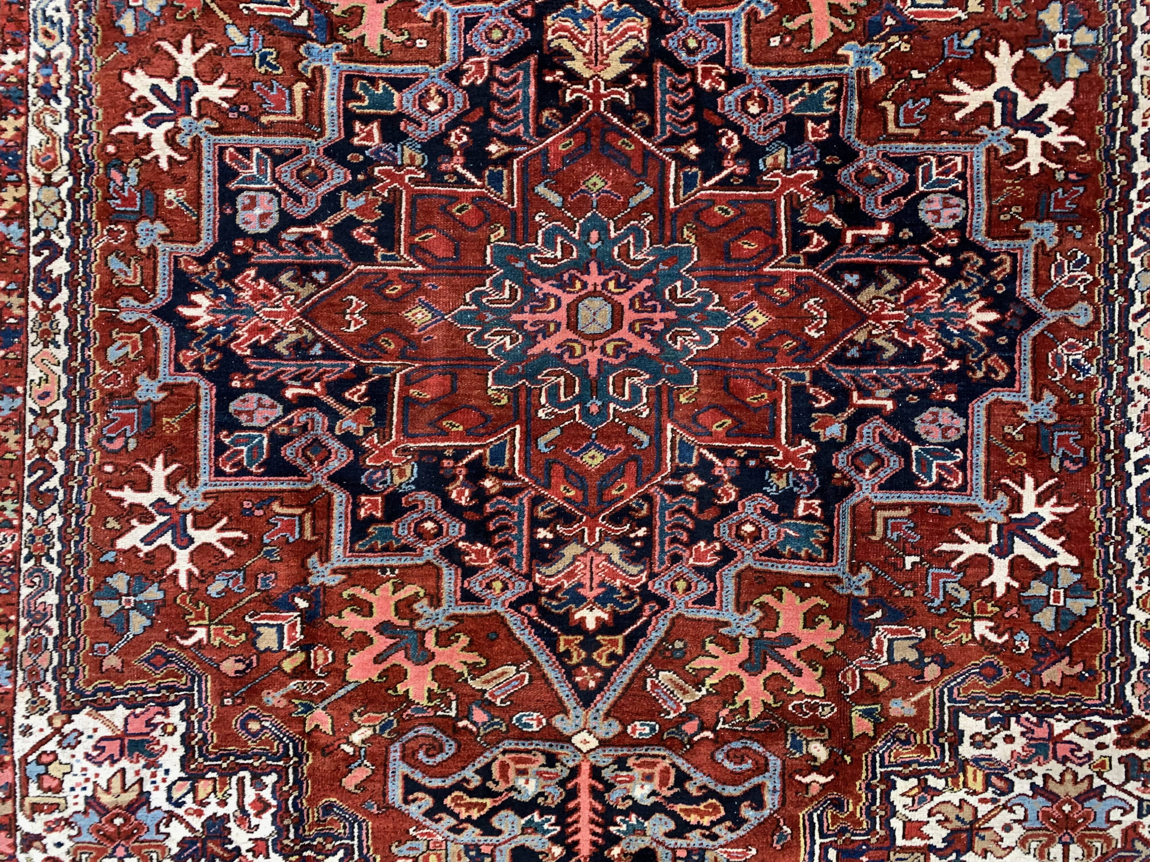 Antique heriz rug 353x263 cm wool oriental hand made carpet red, brown, blue