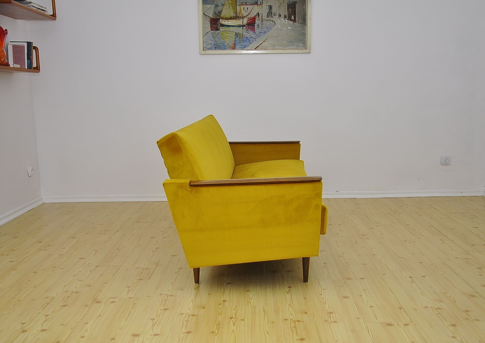 Yellow velvet sofa with fold-out function, 1960s
