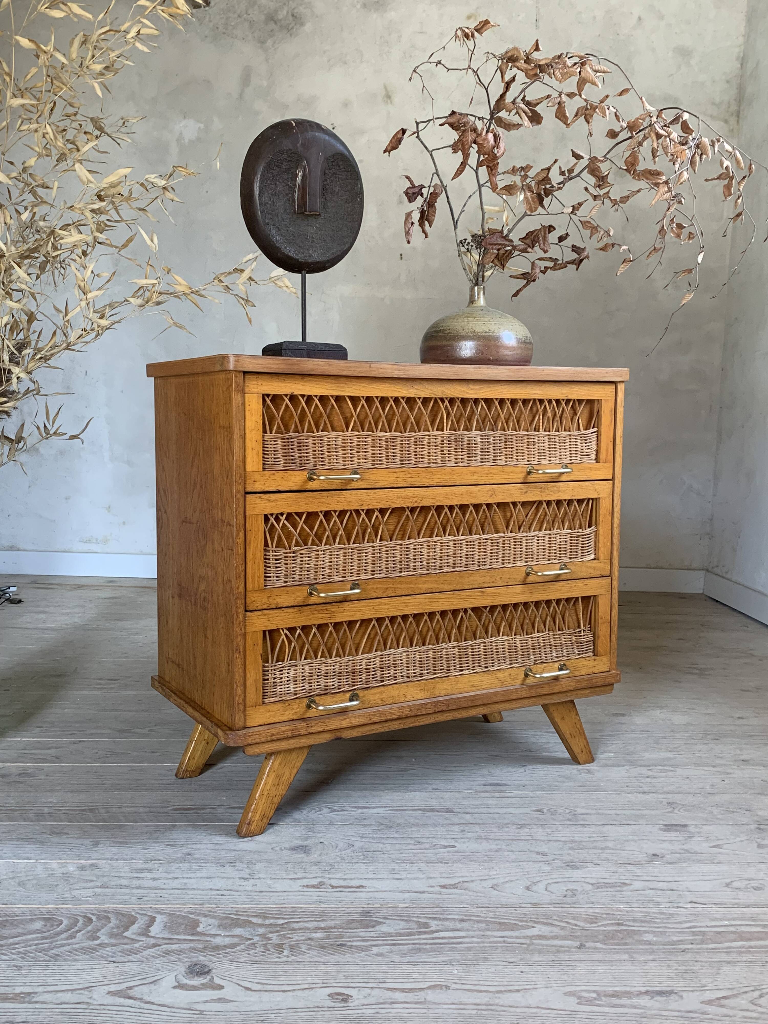 Vintage oak and rattan chest of drawers
