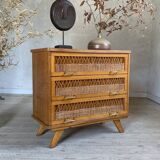 Vintage oak and rattan chest of drawers