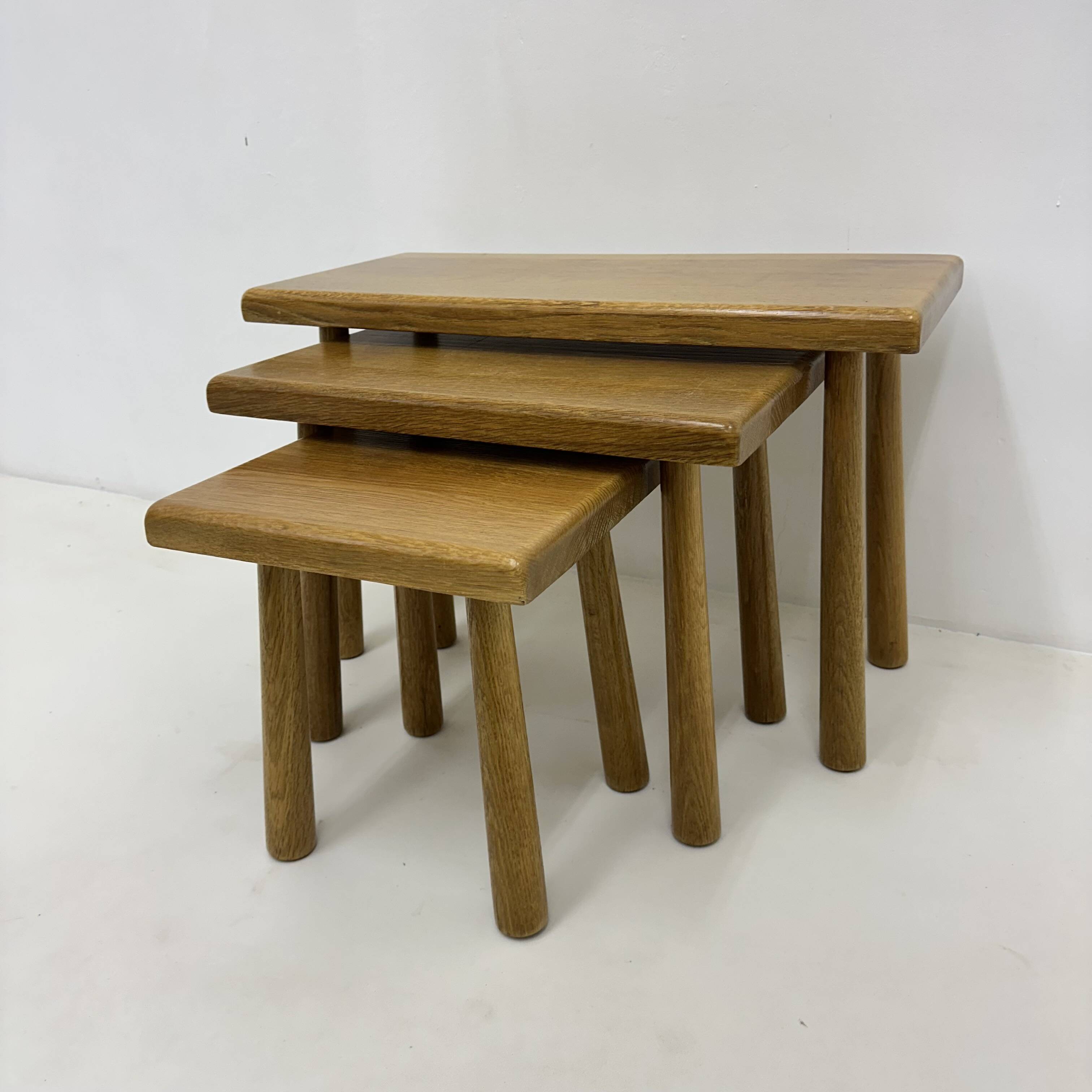 Set of nesting tables solid oak wood brutalist , 1970s