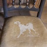 1900s Chair with drawing of an embroidered hunting dog and wooden beads