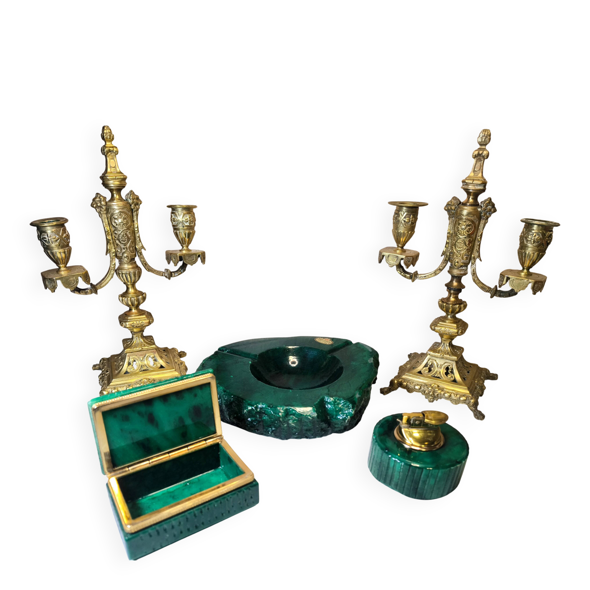 Vintage 70's Desk Set in Green Alabaster Malachite - 3 Pieces - Ita