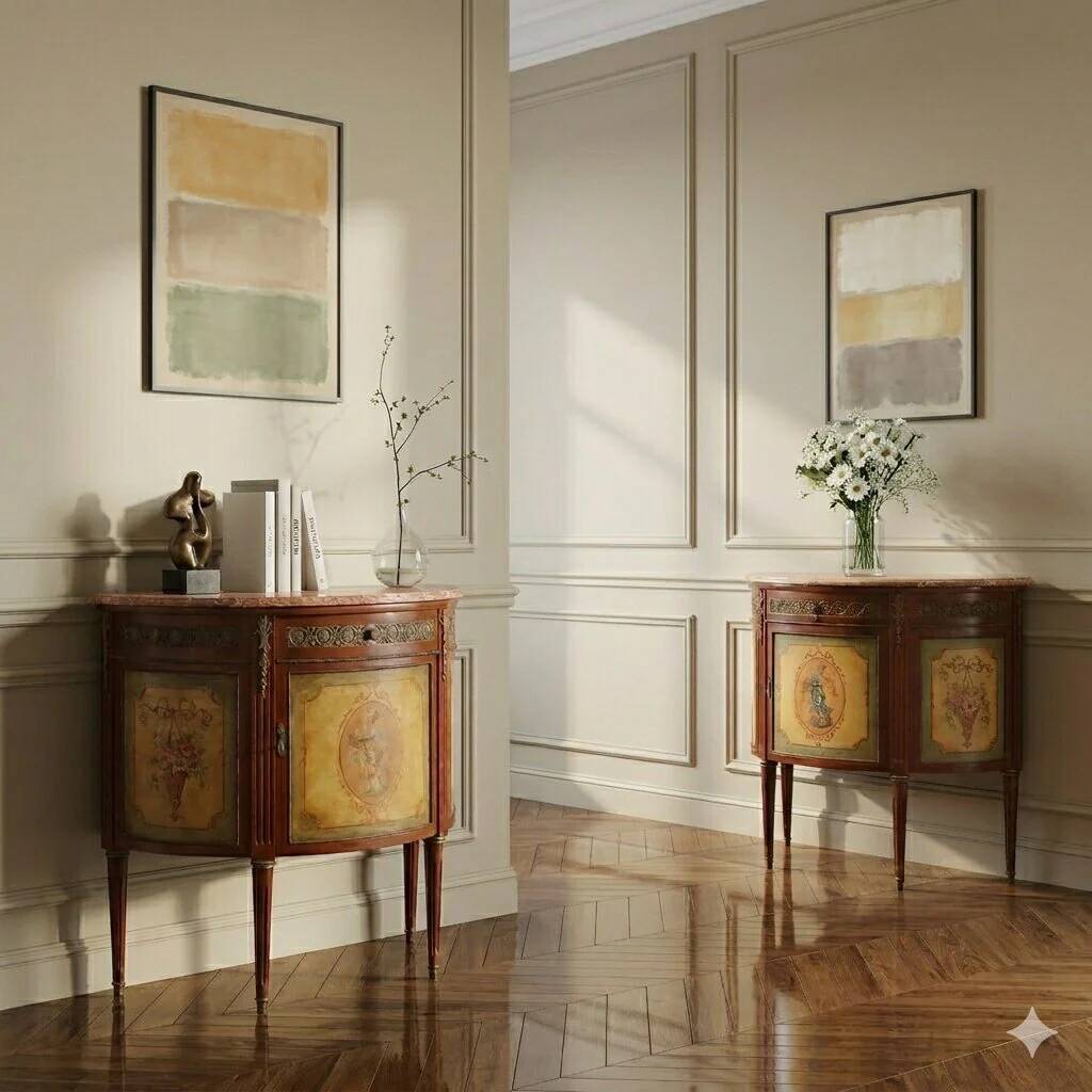 Antique demi-lune buffets in neoclassical style in mahogany from the 20th century.