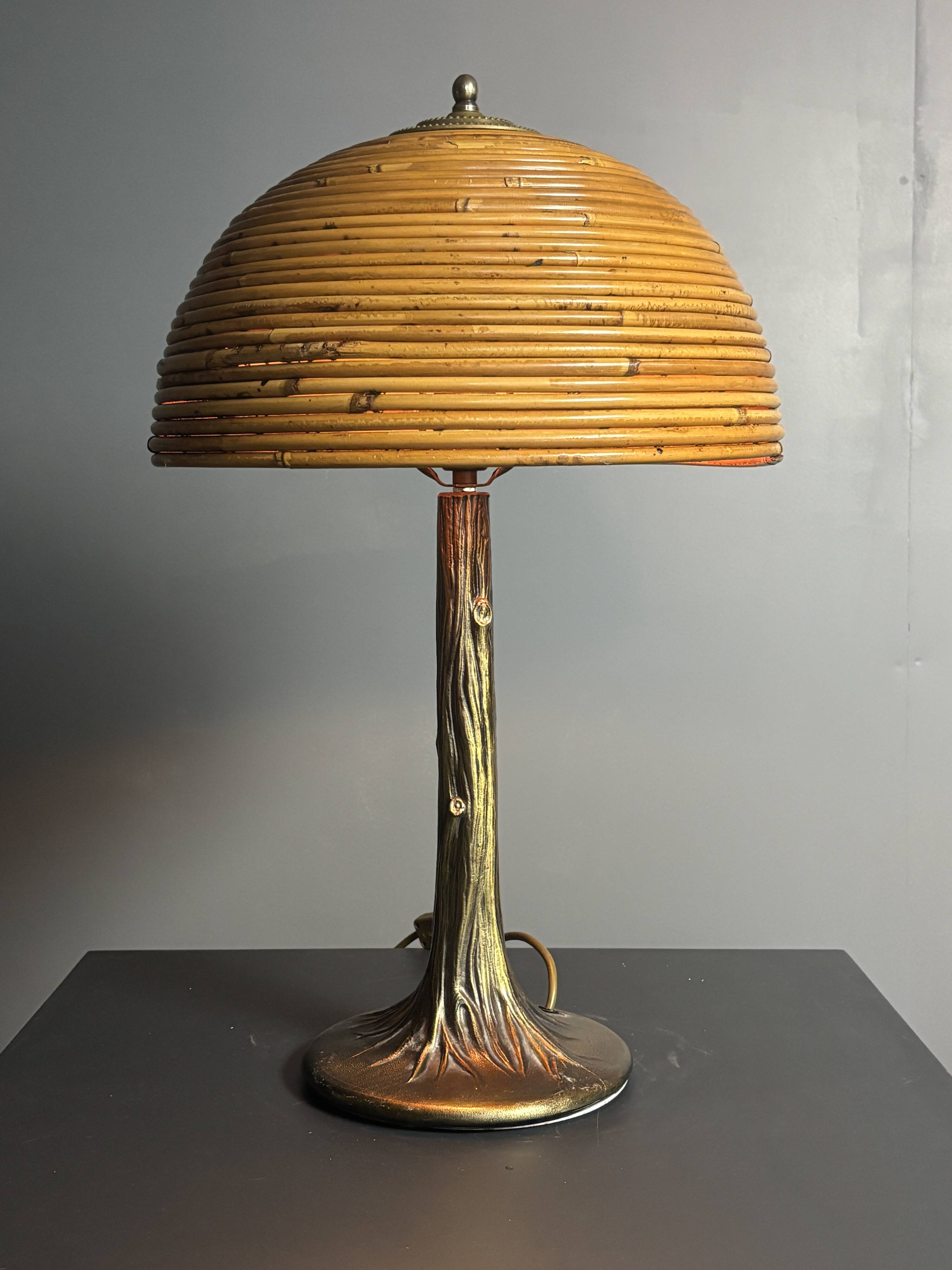 Mid-Century Pencil Reed Rattan Bamboo and Brass Table Lamp, 1970s