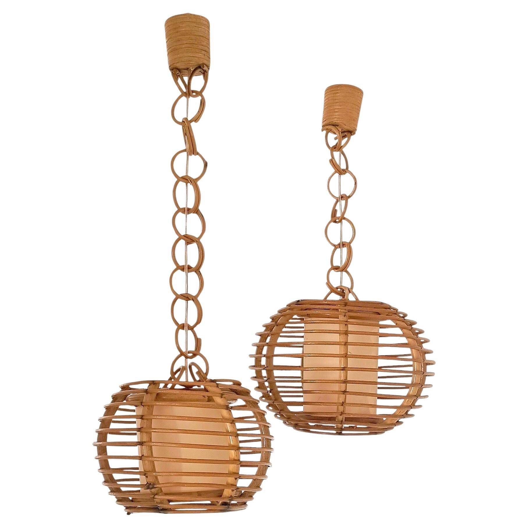 Mid-Century Globe Pendant Lamps, Bamboo & Rattan, c. 1960s