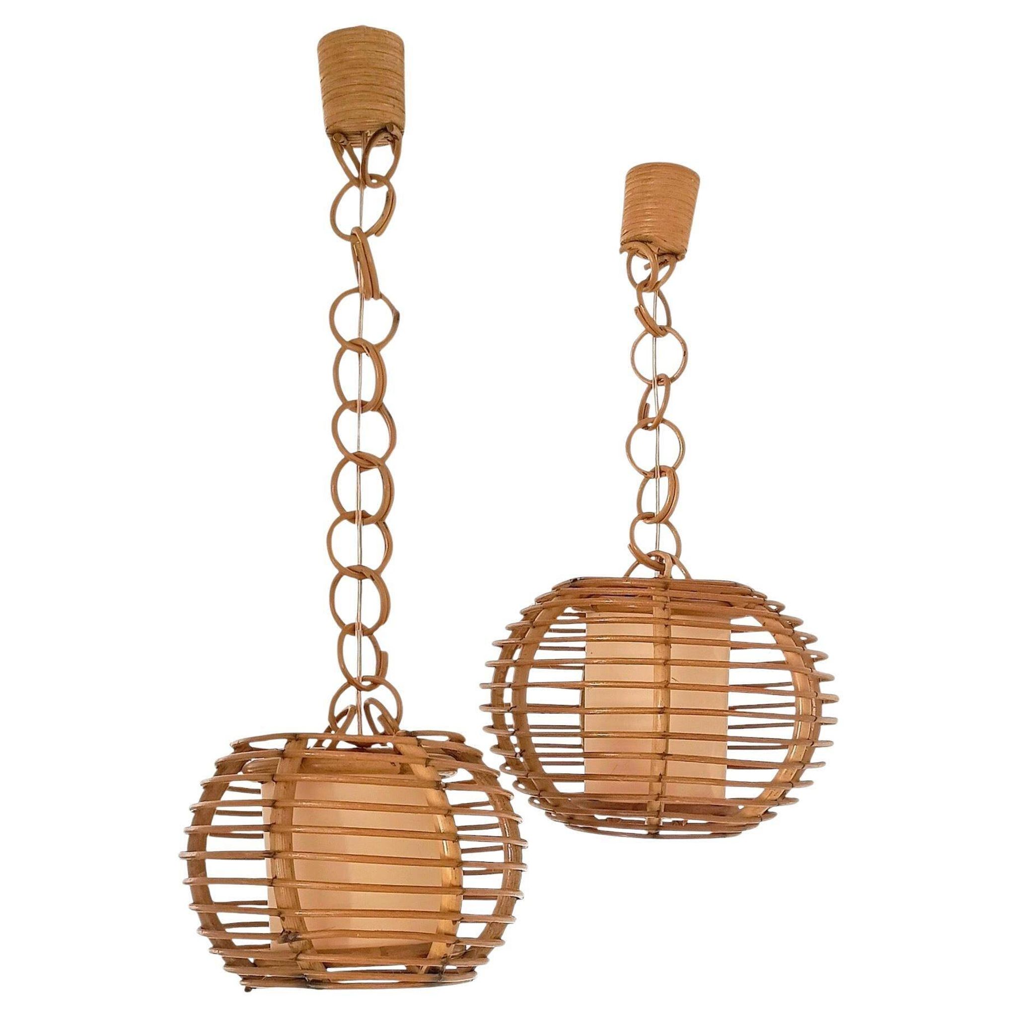 Mid-Century Globe Pendant Lamps, Bamboo & Rattan, c. 1960s