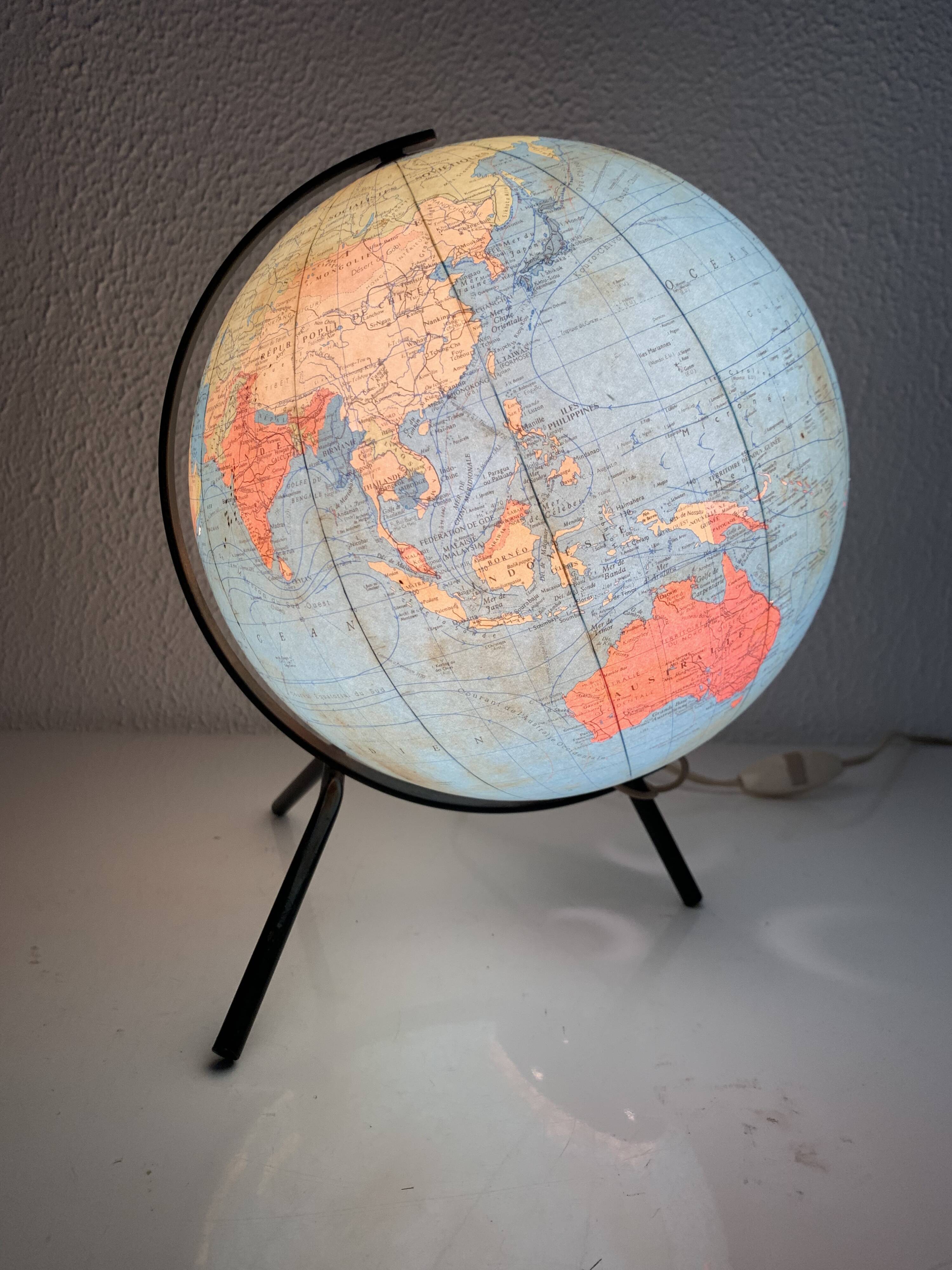 Globe vintage 1967 terrestre tripode Taride verre - 29 cm