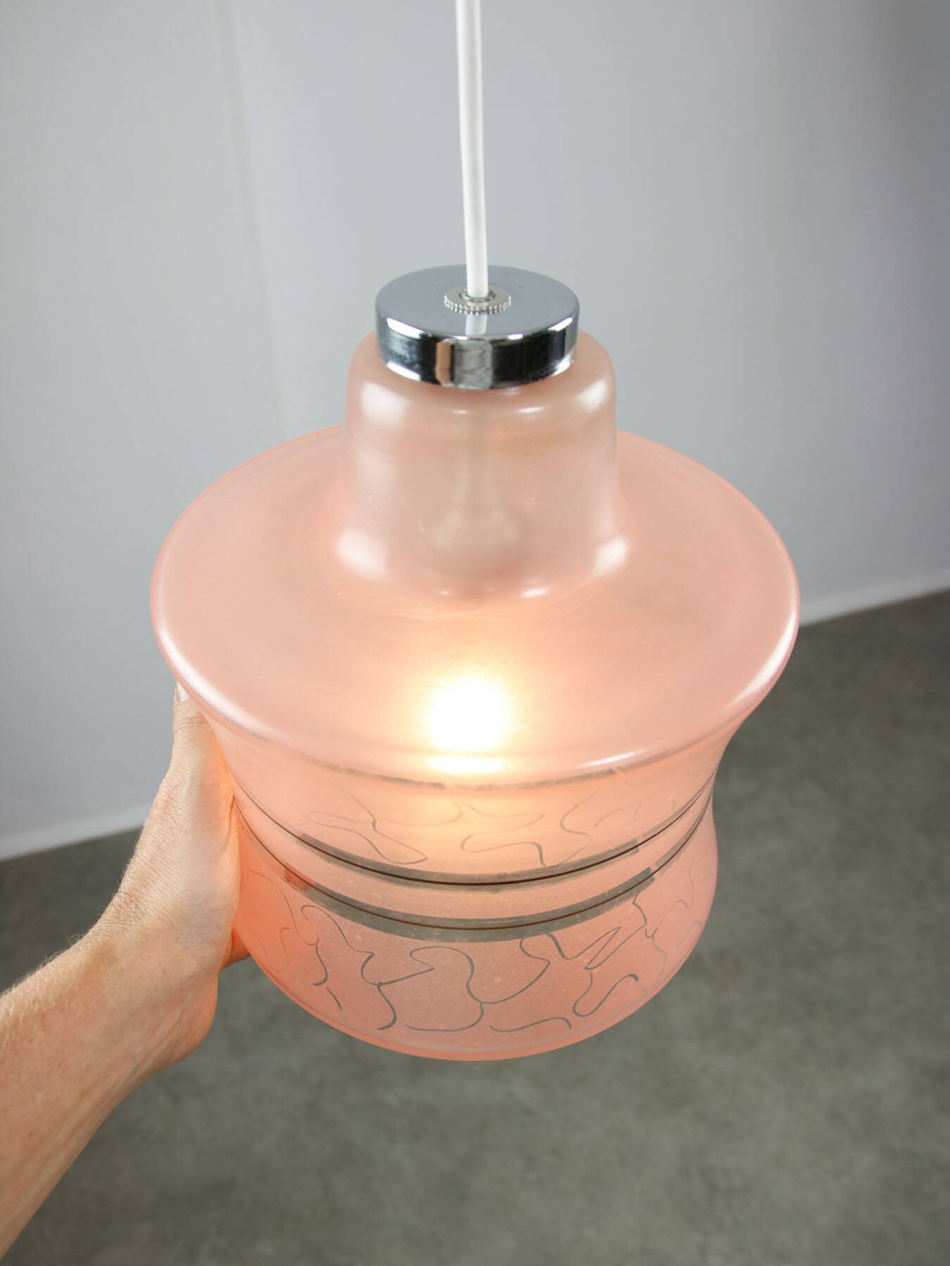 Vintage Italian Chrome and Pink Glass Pendant Lamp